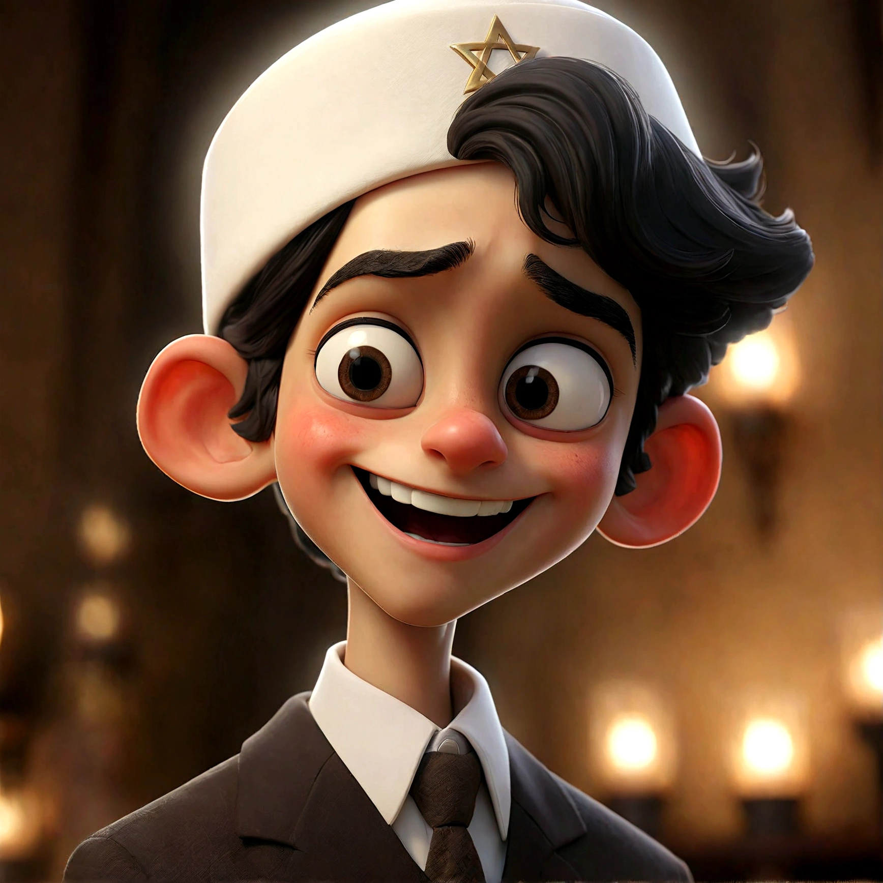 a young jewish boy, 9 years old, white skin, black hair, wearing a white kippah, happy and welcoming expression, detailed facial features, intricate clothing folds, warm lighting, cinematic composition, award winning photograph