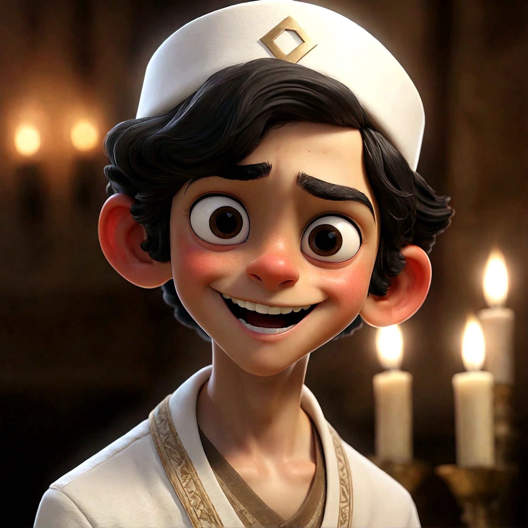 a young jewish boy, 9 , white skin, black hair, wearing a white kippah, happy and welcoming expression, detailed facial features, intricate clothing folds, warm lighting, cinematic composition, award winning photograph
