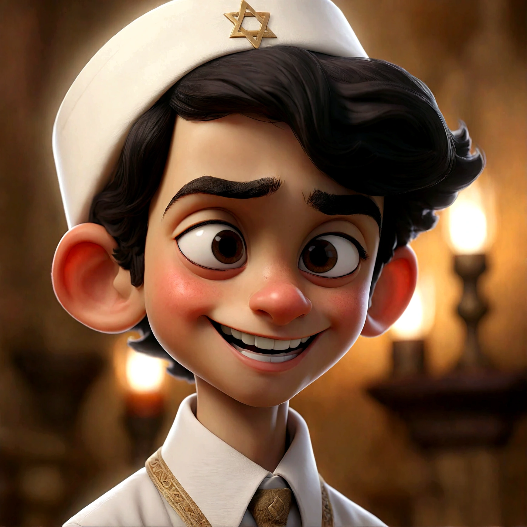 a young jewish boy, 9 , white skin, black hair, wearing a white kippah, happy and welcoming expression, detailed facial features, intricate clothing folds, warm lighting, cinematic composition, award winning photograph