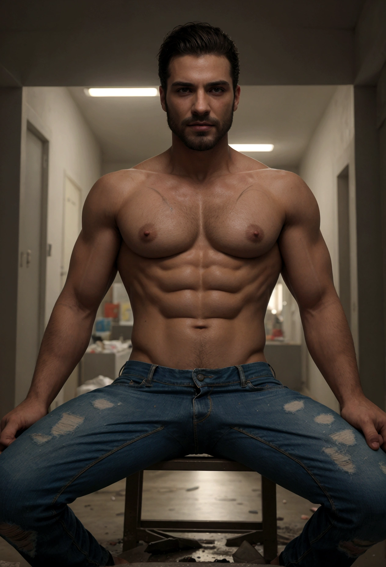 (mais alta qualidade, detalhes surpreendentes: 1.4), obra-prima, personagens originais, natural volumetric lighting and better shadows, profundidade de campo profunda, foco Claro, Retrato de um homem musculoso incrivelmente bonito de 40 anos, corpo inteiro, belo rosto viril, barba, atraente com olhos Claros, sorriso sedutor, cabelo cinza curto desgrenhado, camisa branca apertada, jeans, (messy painted body: 1.05), (fundo de rua com lojas: 1.15), hospital, (arms down 1.2), bandaged broken arm, Pitoresco, overexposure, Rendering, fotorrealista, nsfw, sensual,, Claro, focado, Centrado, sensual, hard disk, 8K, DSLR, .CRU
