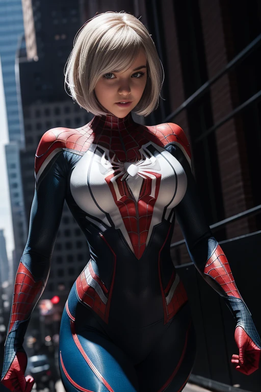 Female Spider-Man Gwen,White suit,Black spider symbol,Beautiful face、A detailed face、perfectly proportions、Big Tits、big breasts thin waist、nabel、Crotch gap、thighs thighs thighs thighs、Golden ratio body, Flexible body,Calm expression,New York City at night,Handsome gestures,heroism,majestic appearance,Abs