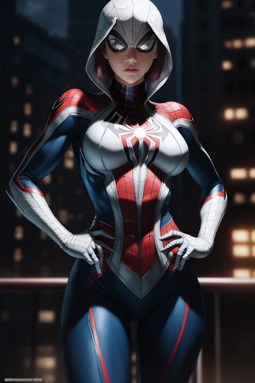 Female Spider-Man Gwen，White suit，Black spider symbol，Beautiful face、A detailed face、perfectly proportions、Big Tits、big breasts thin waist、nabel、Crotch gap、thighs thighs thighs thighs、Golden ratio body, Flexible body，Calm expression，New York City at night，Handsome gestures，heroism，majestic appearance，Abs