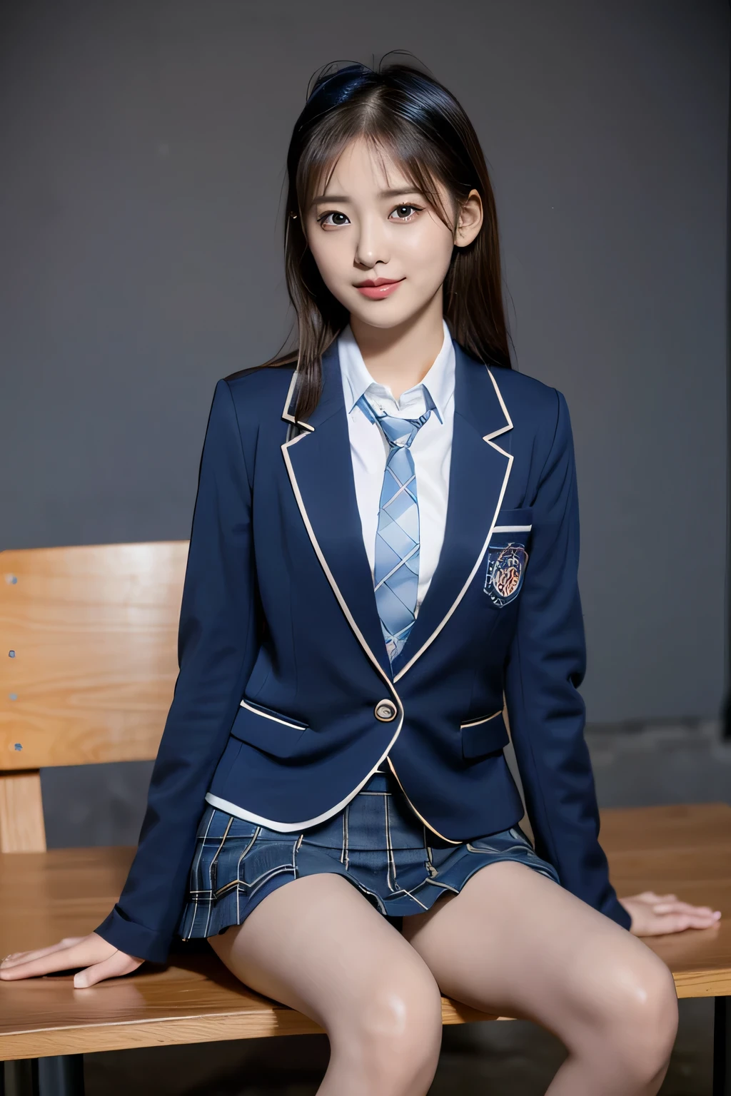 (8k), (highest quality: 1.2), (Realistic), (Realistic: 1.37), Ultra-high resolution, (1 girl), cute, blush,Embarrassed smile, Beautiful details, Beautiful Nose, straight Hair, Giant Dulcefo, pork, Thighs,Self Snap,University Uniforms,(A simple dark blue blazer:1.4),(Pleated skirt:1.2),(The skirt and tie are black tartan check pattern.:1.3),(Sitting:1), Sit on the bench,(Hold my feet:1),(Shiny 太い legs:1.2),from the front,knees