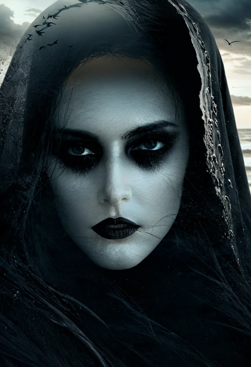 (double exposure of beautiful woman and black grim reaper), [close-up of black grim reaper's face in the distance above: beautiful woman standing on the beach: 0.4],