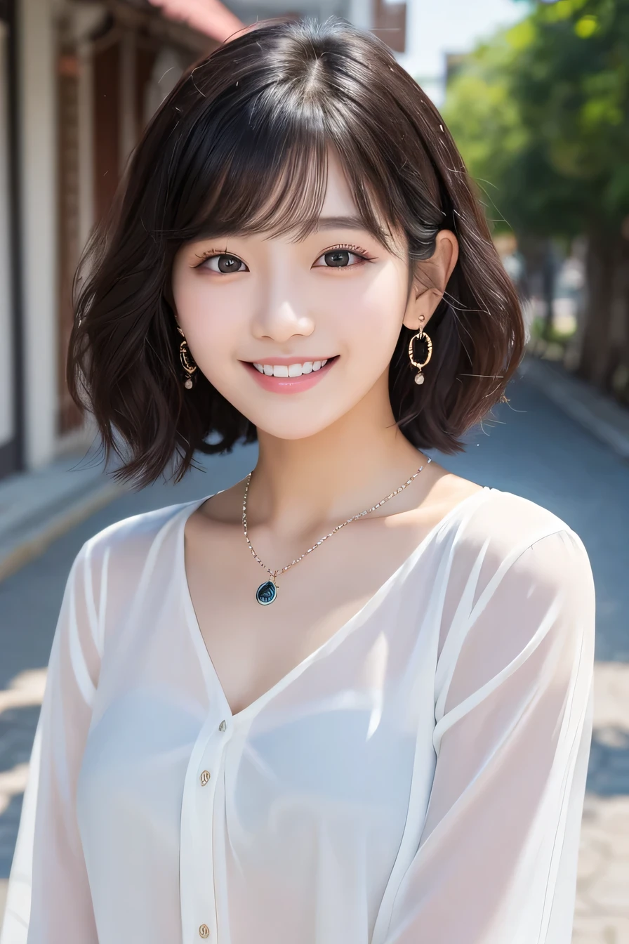 20Beautiful young woman of the year、 Korean women、Black Hair、Wavy Hair、short hair、ear piercing、Necklace around the neck、blouse、smile, Beautiful teeth alignment、Intricate details, Very detailed:1.2), 、 Looking into the camera,The background is the town