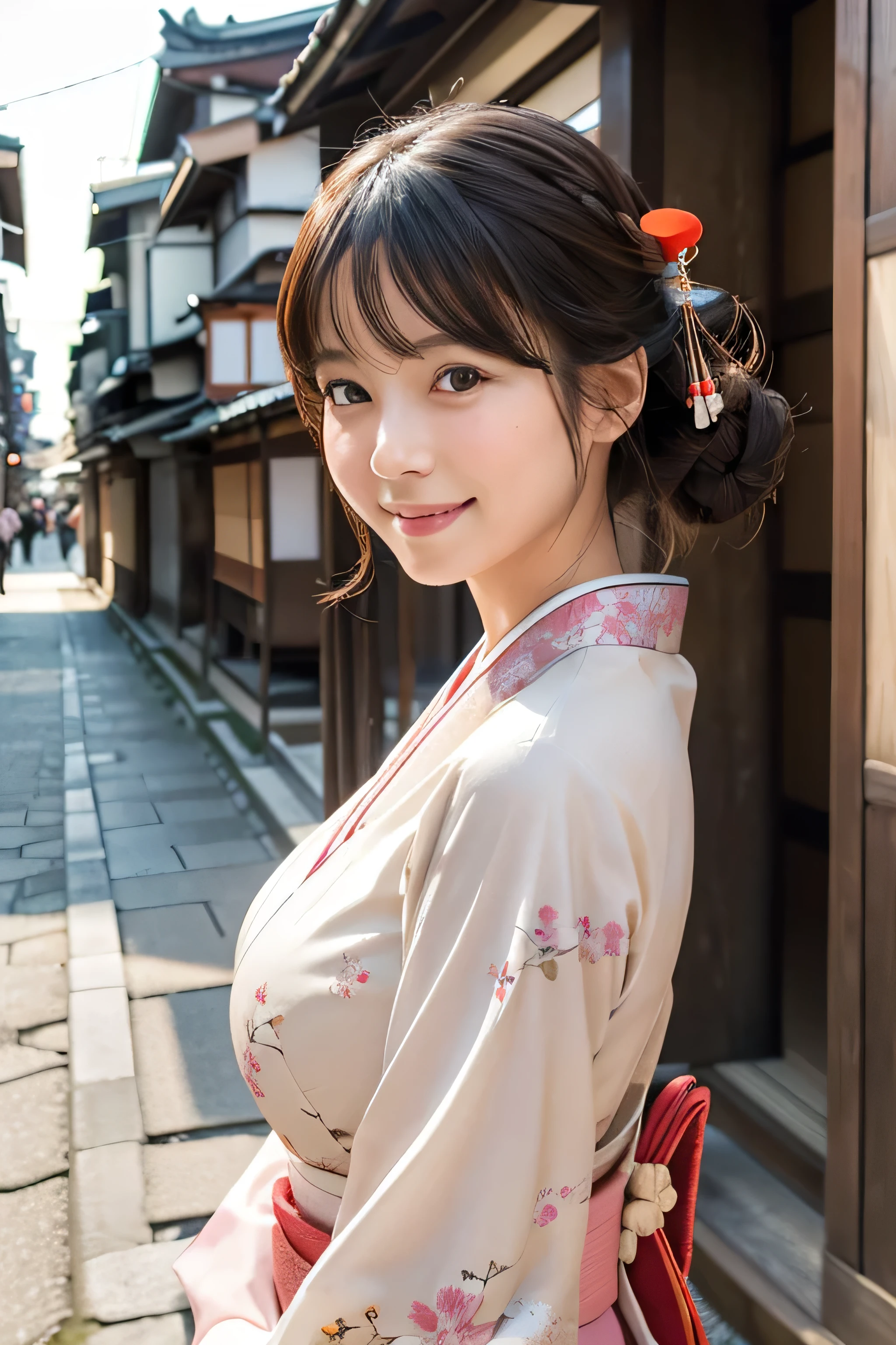 Professional Lighting,(Photorealistic:1.4), (Top image quality:1.0), (超A high resolution:1.0), 8k, Raw photography, (masterpiece:0.2), (Facing the children_v1:0.5)、(highest quality Detail:1.2)、Realistic、8K Ultra HD、High resolution、(1 girl:1.2)、Super detailed、High quality textures、Complex details、detailed、Very detailed CG、High quality shadows、detailed Beautiful and delicate face、Beautiful details and a delicate eye、(Symmetrical eyes:1.2),Written boundary depth、Ray Tracing,1 girl, Japanese Girls, (Natural smile:1.4),cute, thin, Portrait of a beautiful Japanese woman in a kimono, Standing elegantly on a street corner in Kyoto. Kimono with vibrant traditional patterns, Hair decorated with elegant and delicate hairpins, Gentle expression. (With the old streets of Kyoto in the background:1.4)、The soft light of a spring afternoon、Adding tranquility to the scene. Rendered in a Realistic style with great attention to detail, High resolution images.Sky Porn, Magic Hour, (Realistic:1.3), finely, quality, (Tabletop:1.2), (Realistic:1.2), (highest quality), (Complex details), dramatic, Ray Tracing, photograph, +roller, (Large Breasts:1.2),
