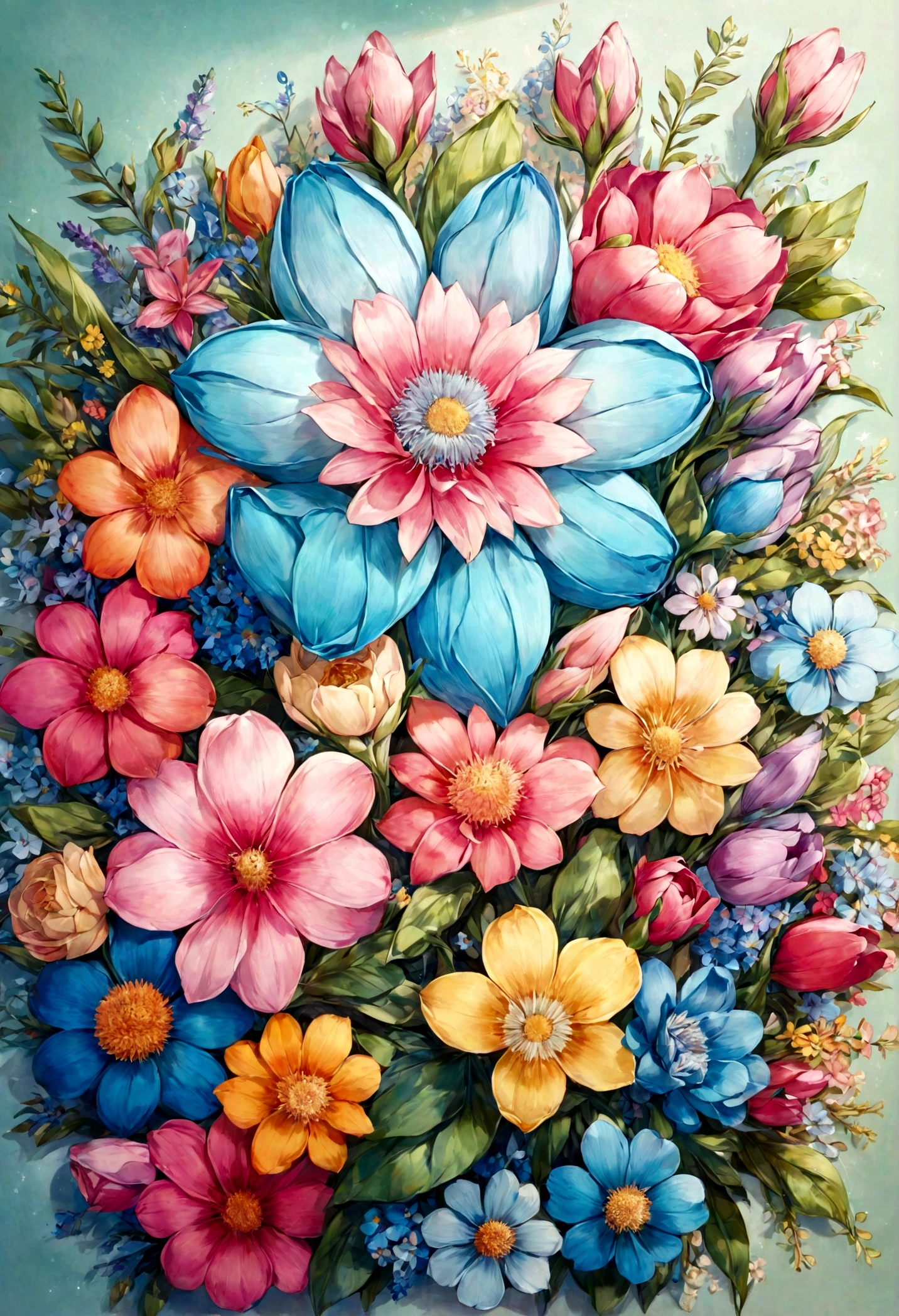 gambar random bunga yang terlihat segar dan banyak warna, ilustrator