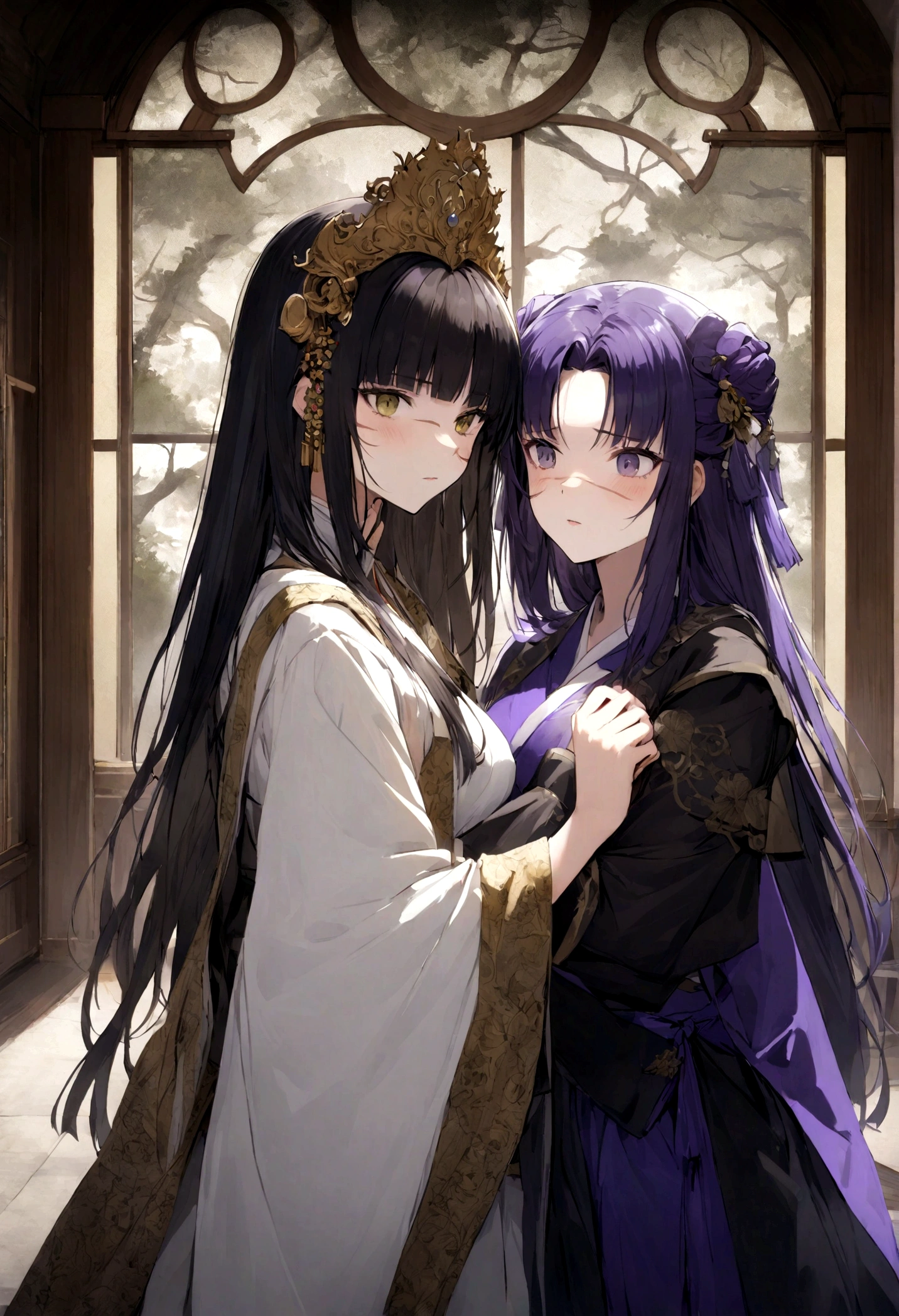 "Create an image depicting Utahime and Gojo in attire suitable for an English monarchy setting. Utahime, with a distinctive facial scar, stands gracefully beside Gojo, who exudes a confident yet enigmatic aura. The scene should capture a moment of tension or intrigue between them, reflecting their complex relationship dynamics."