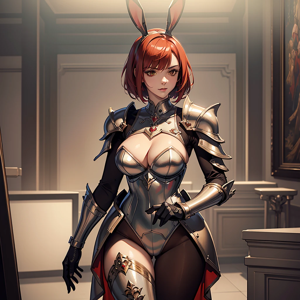 ((best quality)), ((masterpiece)), (detailed),High quality, Ultra detailed, best quality, insanely detailed, beautiful, masterpiece,(1 tall woman),20s,((Bunny girl)), metalic bunny suit,heavy armour,(red short bob hair),bunny warrior
