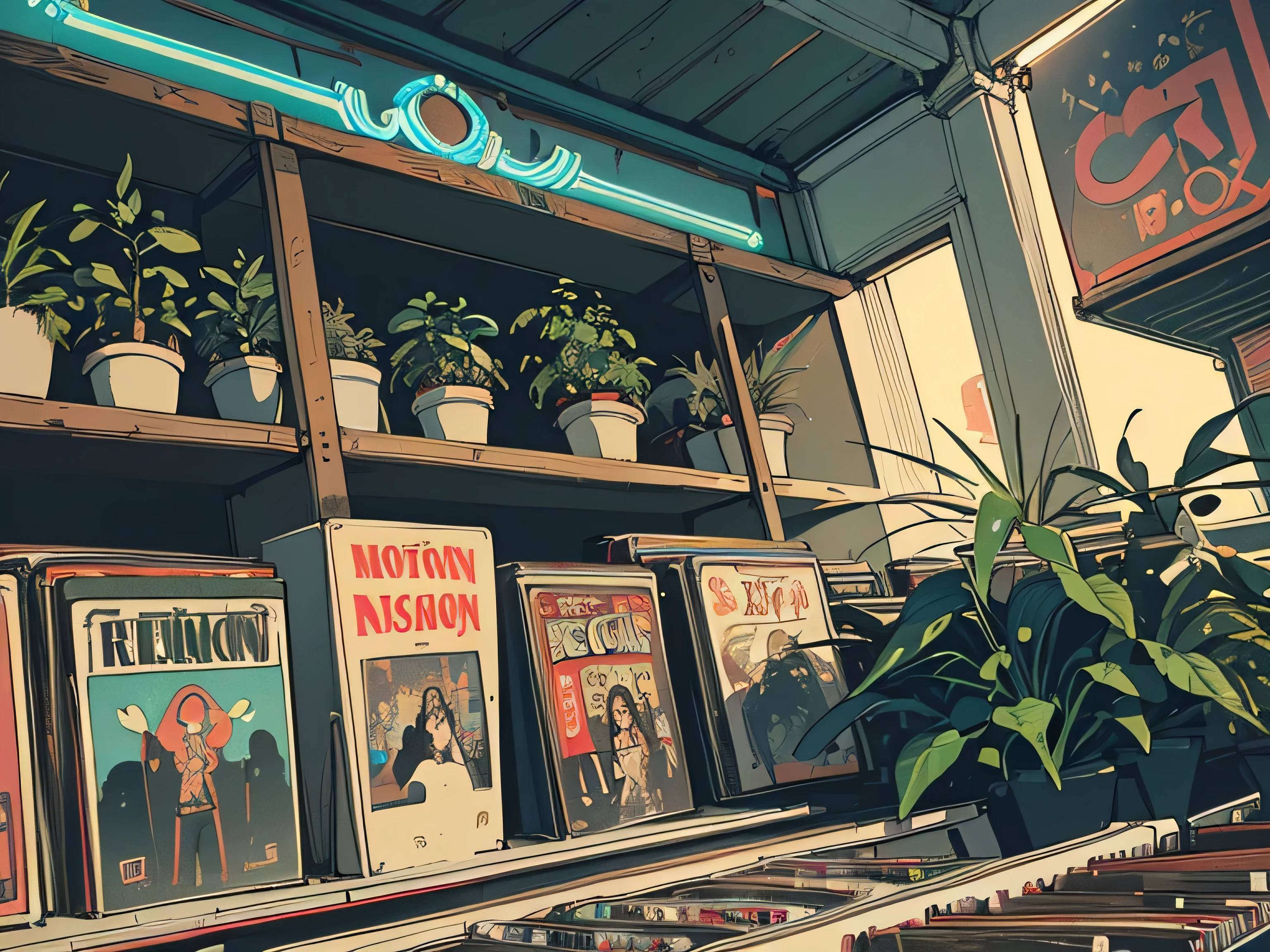 extreme quality, masterpiece, 8k, depth of field, intricate details, (((unattended))), space, movie poster, (((record store))), nostalgia, panorama, long shot, (((records on the shelves.))),  (((Various angles))),Future Interior, (((neon))), (((Plants)))