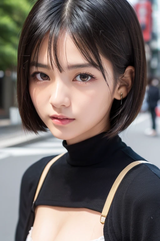 (High resolution:1.3), (16k, Photorealistic, Raw photo, Best image quality: 1.4), Japanese, (One Girl), Beautiful Face, (A vivid face), (Black-haired、short hair:1.3), Beautiful Hairstyles, Realistic eyes, Beautifully detailed eyes, (Realistic Skin), Beautiful skins, attractive, 超A high resolution, Surreal, High detail, Golden Ratio, Highly detailed cute girl,(20-year-old),  Tokyo、Omotesando、Daytime、Detailed Background、(Many passers-by:2.0、Detailed face、Well-formed face), (pussy flash:1.3), Long sleeve shirt、Siskat, ((No underwear))