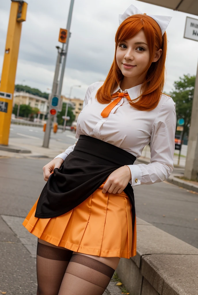 Caucasian orange hair beauty,  maid cosplay,  miniskirt,  pantyhose,  candid upskirt crotch 