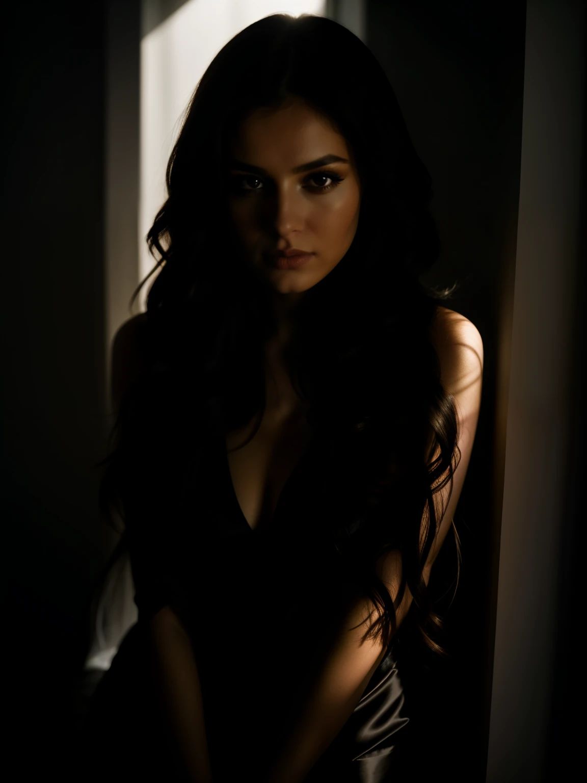 28 years old woman posing for photo with long hair black dress, looking above the shoulder, beautiful portrait lighting, (((beautiful rim light))), detailed face, detailed shadow, medium portrait soft light, Dramatic low-key lighting, portrait soft low light, portrait soft light, 7 0 mm dramatic lighting, Dramatic soft shadow lighting, low key lighting, Soft light with contrast between light and dark, Understated dramatic lighting, Dramatic lighting of the face