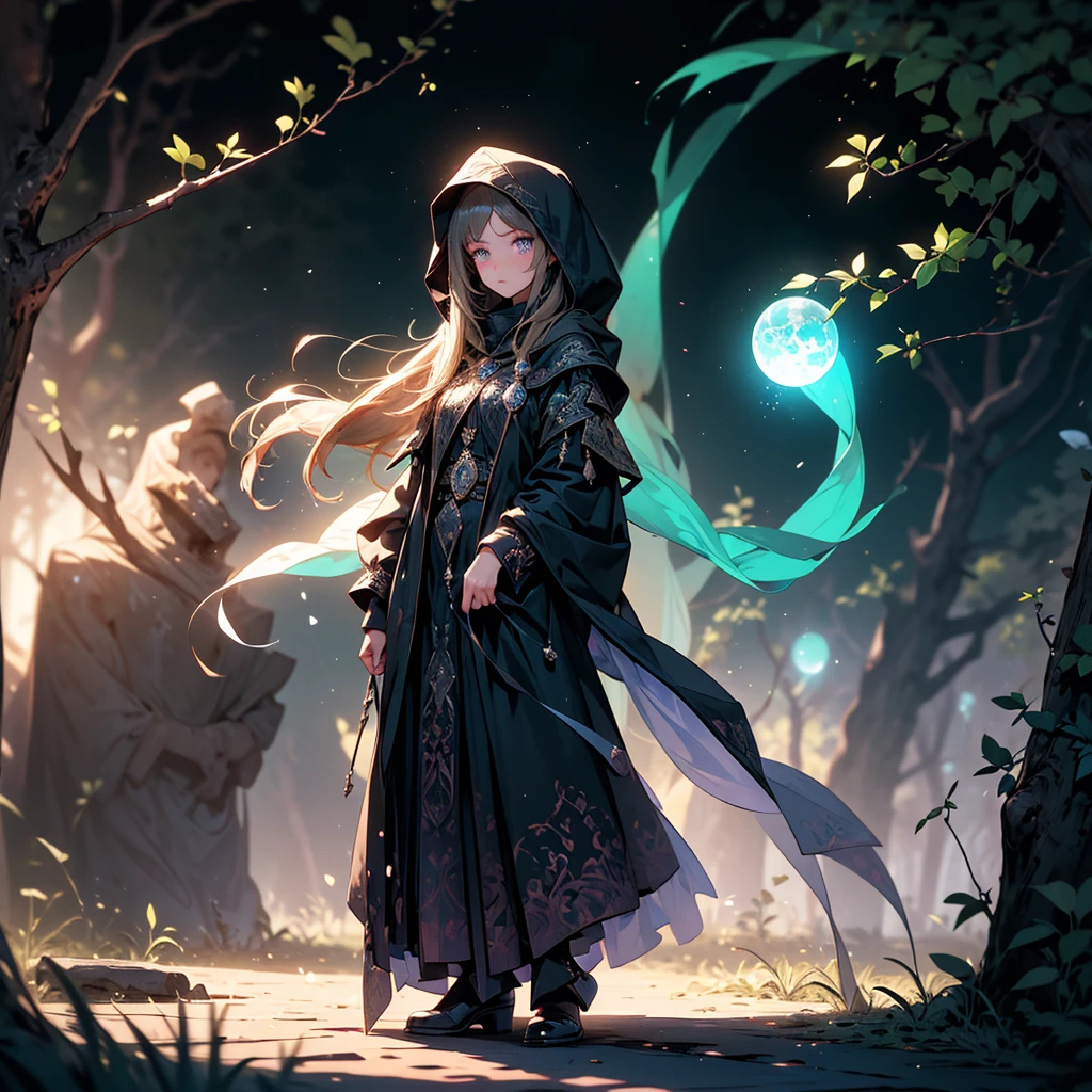 ((full body shot)) of a girl in a dark hooded cloak, standing in a completely dark environment. She is holding a glowing orb of energy in her hands, which emits a soft, ethereal light. Surrounding her are numerous small lights in shades of {blue|purple}, casting a faint glow similar to candlelight. The only illumination comes from the orb and the particles around her. The atmosphere is {mysterious|otherworldly}, with a misty haze drifting around her feet. The ground beneath her is reflective, creating a mirrored effect that adds to the surreal ambiance. Subtle textures of ancient, worn stones and creeping vines can be seen in the background, hinting at a hidden, mystical place. The scene is quiet and enigmatic, with the girl's face partially obscured by the hood, her eyes focused intently on the luminous orb.

[Best quality], [Masterpiece], [Ultra-detailed], [4k], {serene|intense} atmosphere, {mystical forest|ancient ruins}, {dynamic pose|relaxed pose}, complete darkness, {soft shadows|dramatic lighting}, {reflected light on the ground:0.7}, {misty haze:0.6}, {glowing plants:0.5}, {creeping vines:0.4}, {ancient stones:0.3}.

