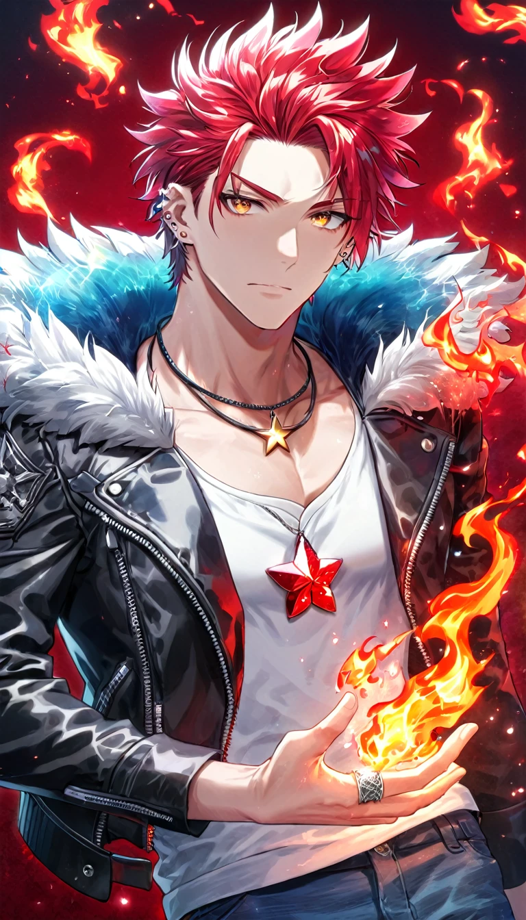 Ultra detailed, highres, absurdres, HDR, Suoh Mikoto, red hair is kept short and ruffled, hair spiked with two strands of hair near the opposite sides of his head, expressive golden eyes, black leather jacket with a fur collar, white V-neck underneath, dark blue pants, a star-shaped necklace, a piercing in his left ear, silver ring, fire, handsome, sexy man, red background, small red butterflies, flames, solo, fantasy, magic