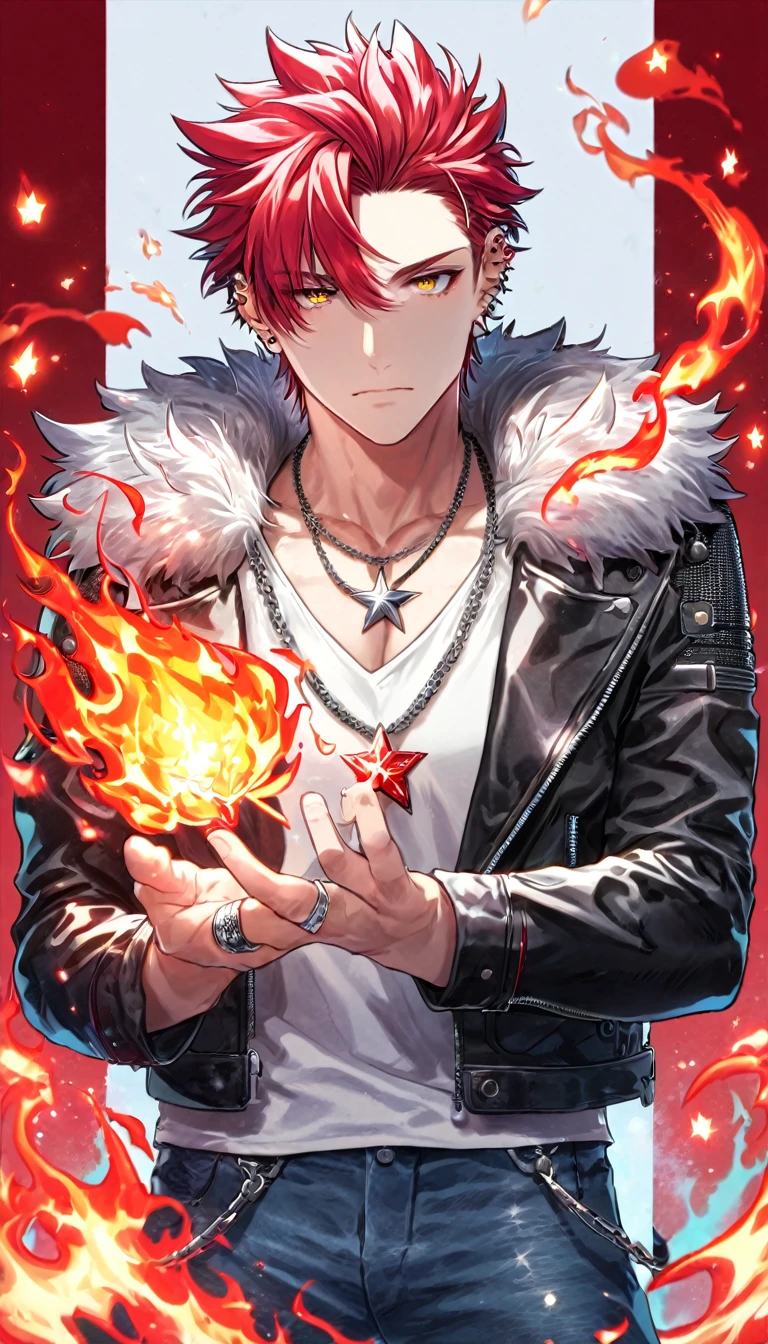 Ultra detailed, highres, absurdres, HDR, Suoh Mikoto, red hair is kept short and ruffled, hair spiked with two strands of hair near the opposite sides of his head, expressive golden eyes, black leather jacket with a fur collar, white V-neck underneath, dark blue pants, a star-shaped necklace, a piercing in his left ear, silver ring, fire, handsome, sexy man, red background, small red butterflies, flames, solo, fantasy, magic