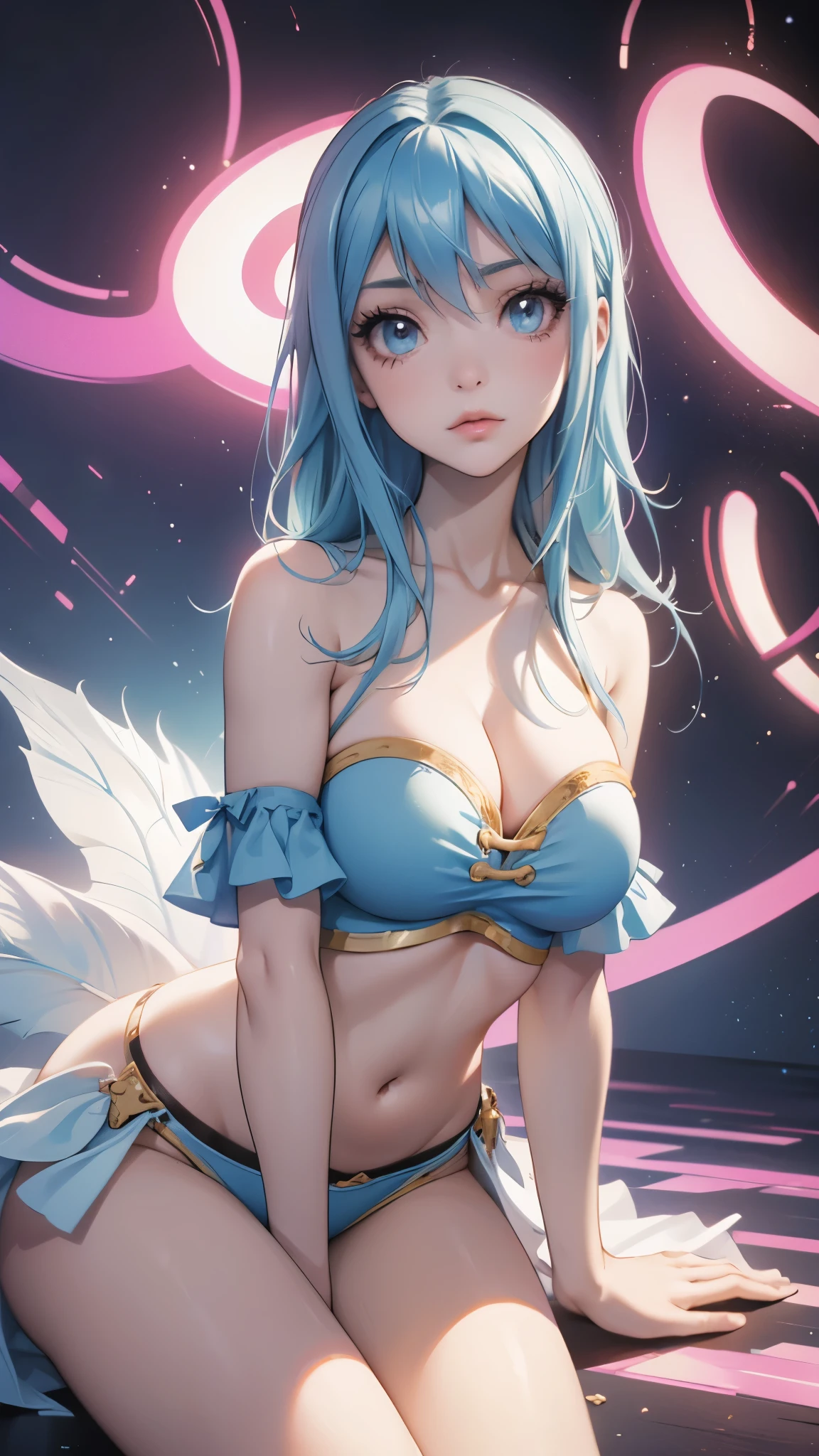 (best quality,highres:1.2),ultra-detailed,realistic,photorealistic:1.37,a beautiful girl (Lucy Heartfillia from Fairy Tail) model in a pop style,18 years old,long legs,medium breasts,extremely detailed face (with emphasis on azure eyes),wearing tight-fitting clothes (exposing the stomach),bent down, lifting her ass to the top,more sexy pose,illustration,colorful pop art style,dynamic lighting,neon colors,sunglasses on head.Nsfw