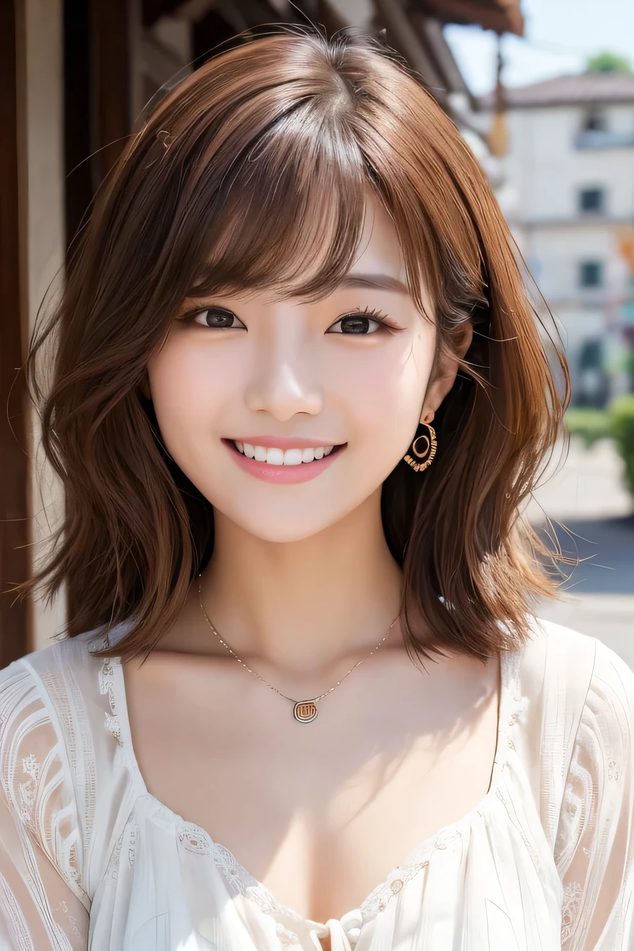 ２０Beautiful young woman of the year、 Korean women、Light brown hair、Wavy Hair、short hair、ear piercing、Necklace around the neck、blouse、smile, Beautiful teeth alignment、Intricate details, Very detailed:1.2), 、 Looking into the camera,The background is the town

