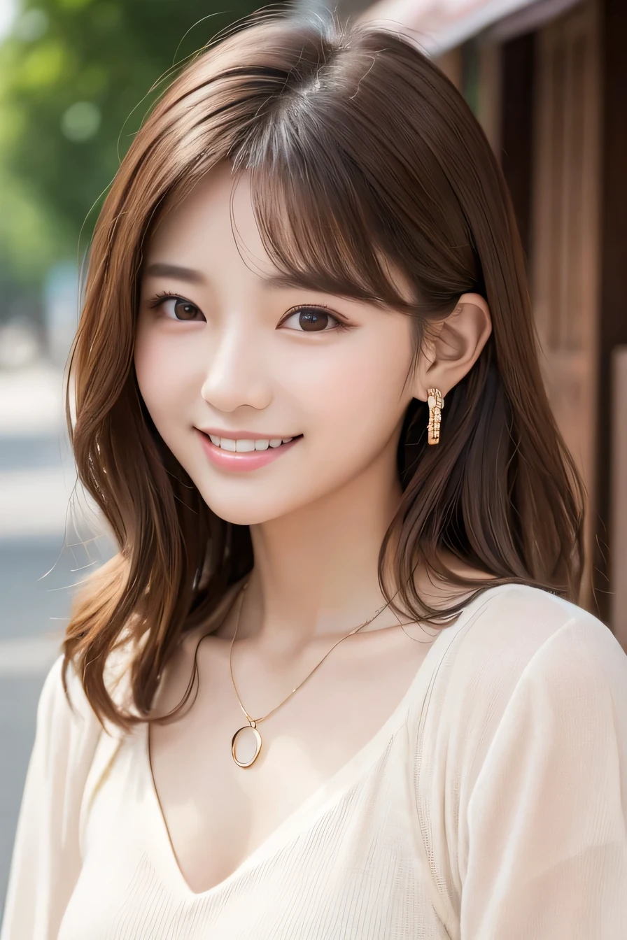 20Beautiful young woman of the year、 Korean women、Light brown hair、Wavy Hair、short hair、ear piercing、Necklace around the neck、blouse、smile, Beautiful teeth alignment、Intricate details, Very detailed:1.2), 、 Looking into the camera,The background is the town