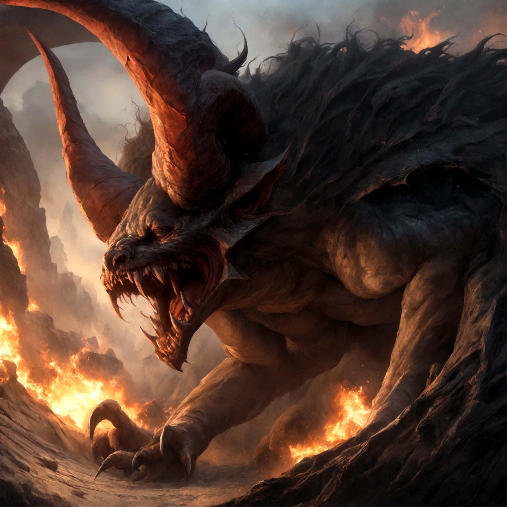 (best quality,4k,8k,highres,masterpiece:1.2),ultra-detailed,(realistic,photorealistic,photo-realistic:1.37),Cosmic horror, a giant demon from another dimension summoned from the magic circle, a deformed head with tentacles and twisted horns, a tremendous number of huge fangs, long sharp claws, a long tail, and a terrifying blue flame. (amazingly powerful and realistic composition by Greg Rutkowski:1.2)