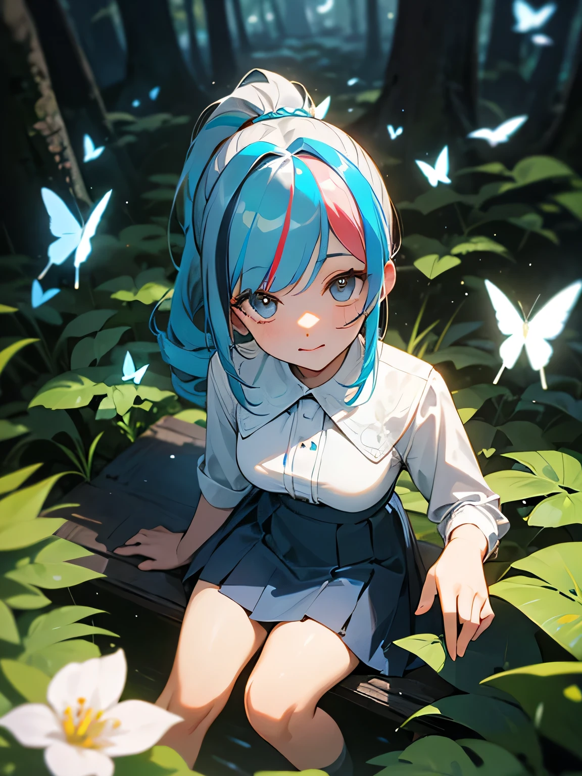 from above:1.3, looking at viewer,close up face,white and lite blue ((streaked hair)), highlights drill ponytail, white blouse, maxi browngray skirt,sitting, in the forest, Various kinds of flowers, squirrels, and butterflies,gentle sunlight,perfect lighting