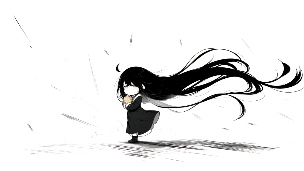best quality, chibi, 1 girl,Long black hair,(full body), Pure white background,Vivid,clearly,sad face,rain,snow,Are crying,shout,Very long black hair blowing in the wind,Falling over