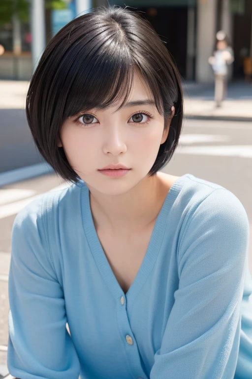 (High resolution:1.3), (16k, Photorealistic, Raw photo, Best image quality: 1.4), Japanese, (One Girl), Beautiful Face, (A vivid face), (Black-haired、short hair:1.3), Beautiful Hairstyles, Realistic eyes, Beautifully detailed eyes, (Realistic Skin), Beautiful skins, attractive, 超A high resolution, Surreal, High detail, Golden Ratio, Highly detailed cute girl,(20-year-old), Tokyo、Omotesando、Daytime、Detailed Background、(Many passers-by:2.0、Detailed face、Well-formed face), ((tuck up))
