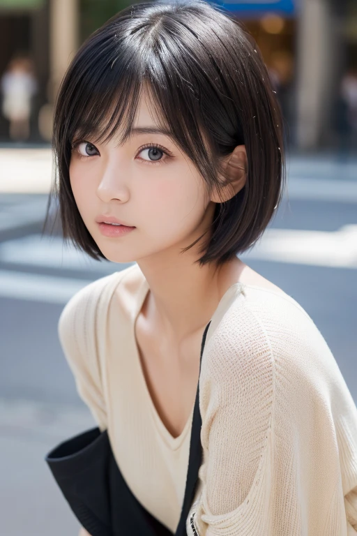 (High resolution:1.3), (16k, Photorealistic, Raw photo, Best image quality: 1.4), Japanese, (One Girl), Beautiful Face, (A vivid face), (Black-haired、short hair:1.3), Beautiful Hairstyles, Realistic eyes, Beautifully detailed eyes, (Realistic Skin), Beautiful skins, attractive, 超A high resolution, Surreal, High detail, Golden Ratio, Highly detailed cute girl,(20-year-old), Tokyo、Omotesando、Daytime、Detailed Background、(Many passers-by:2.0、Detailed face、Well-formed face), ((tuck up))