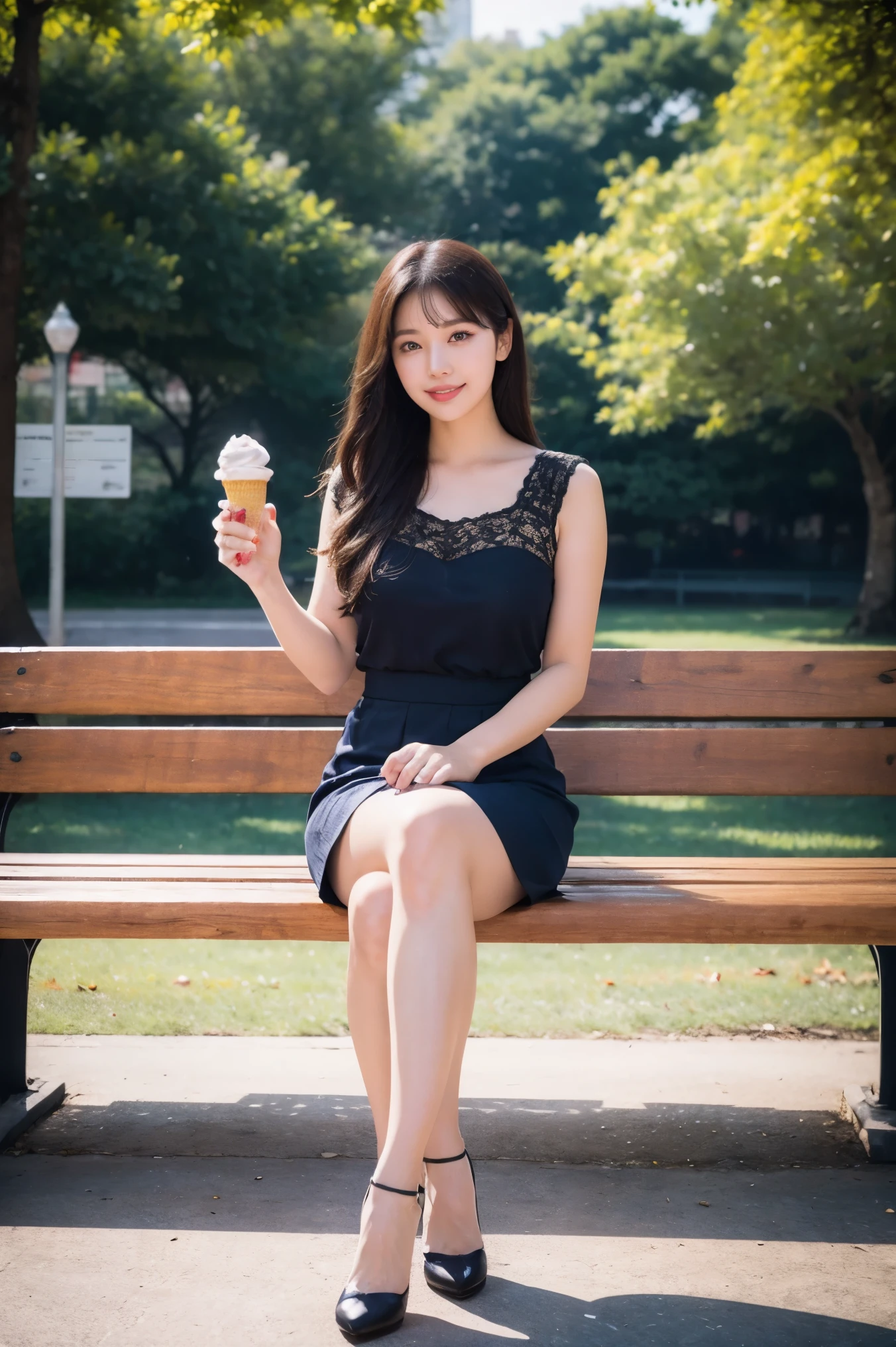 highest quality, flying debris, Realistic, High resolution, 8k　RAW Photos,alone, One Girl, 30 years old、Eat soft serve ice cream、smile、blouse、skirt、High heels、Hold the soft-serve ice cream in both hands、On a park bench