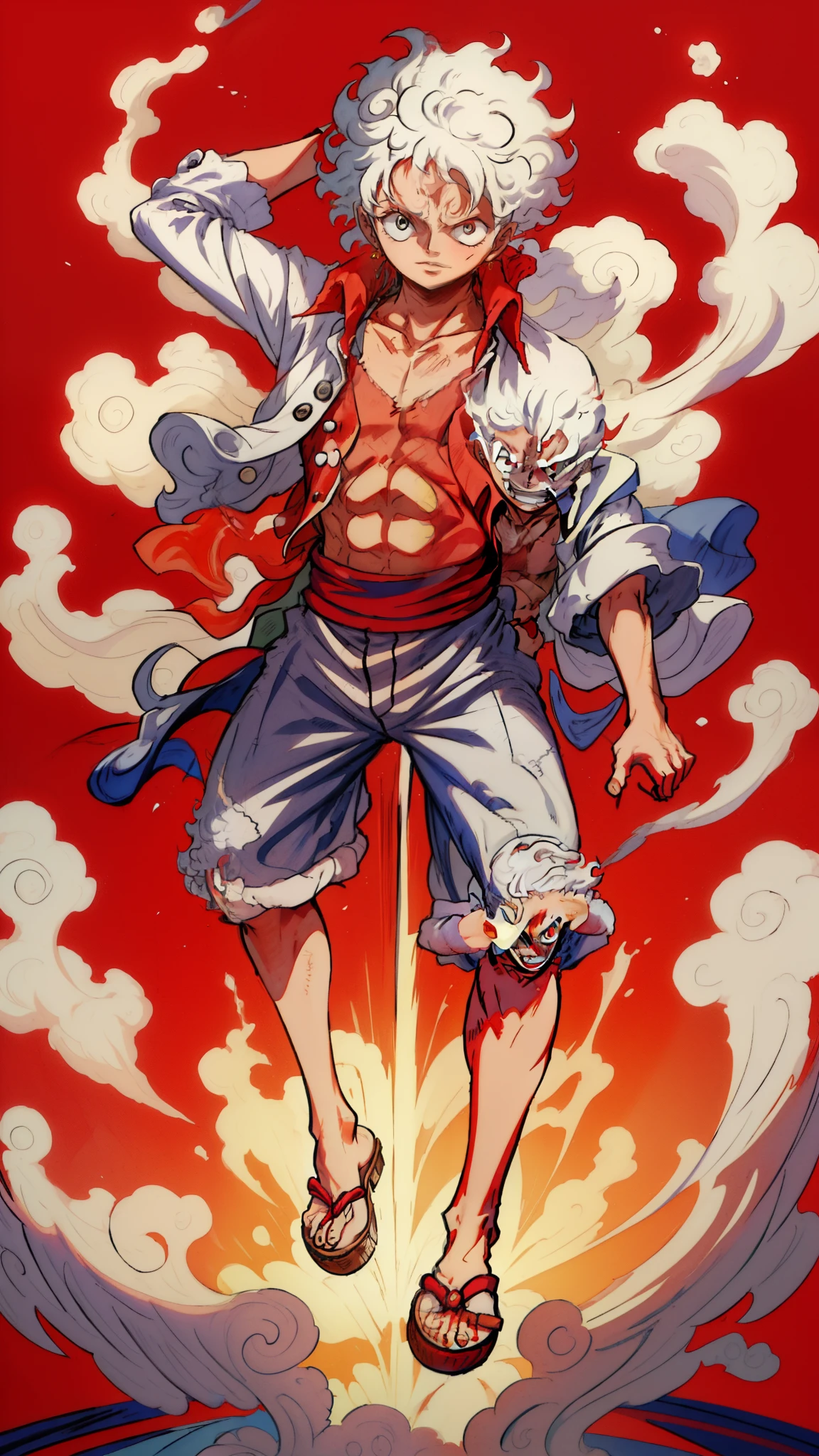 1man, solo, (masterpiece), best quality, ultra-detailed, Monkey D. Luffy from One Piece, gear fifth, white hair, red eyes, Retro style, full body. fashion cloth, jean jacket, fancy.