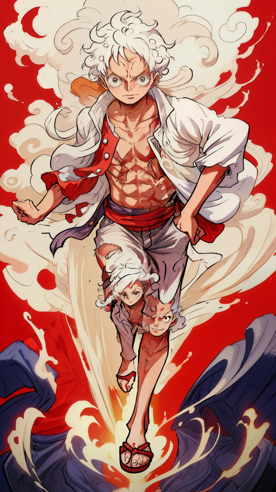 1man, solo, (masterpiece), best quality, ultra-detailed, Monkey D. Luffy from One Piece, gear fifth, white hair, red eyes, Retro style, full body. fashion cloth, jean jacket, fancy.