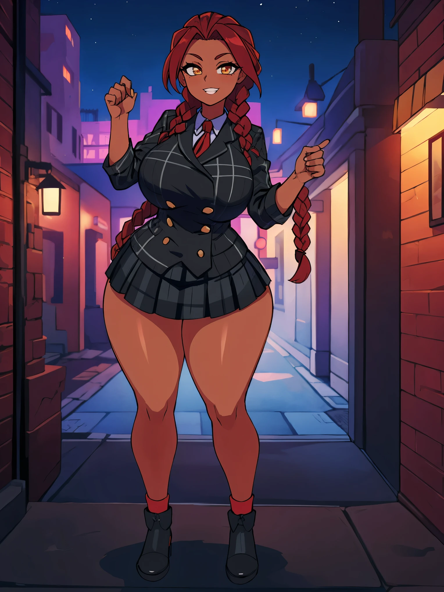 4K Quality, grinning, sexy pose, (black plaid skirt), standing next to grafitti wall, ((black and red braids)), (dark skinned), thick thighs, big breasted, big ass, looking at viewer, amber eyes, night time, bedroom eyes, full body, city background, perfect face, perfect body, perfect eyes, full lips,
