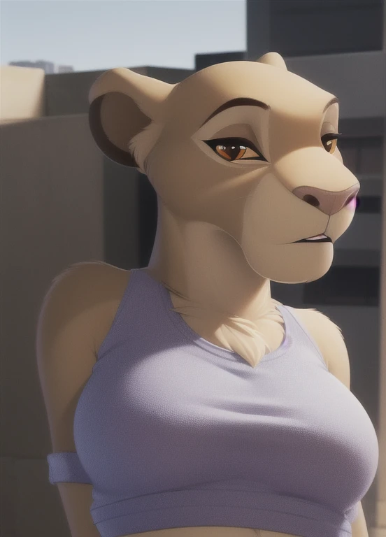 sarabi, furry female anthro, lion girl, portrait, close-up,  fur trim, solo, (body fur:1.2), (best quality), (detailed urban background:1.2), dramatic lighting, (detailed fluffy fur:1.1), looking at viewer, big breasts, purple crop top, jean shorts