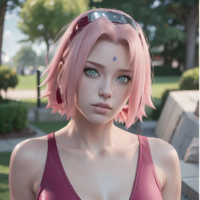 young woman, short shoulder-length pink hair, wide forehead, porcelain skin, pink eyebrows, big emerald green eyes, buttoned nose, full lips, heart-shaped face, slender body, small breasts, red tank top, Sakura Haruno , realistic, realism, details, 3d, well detailed
