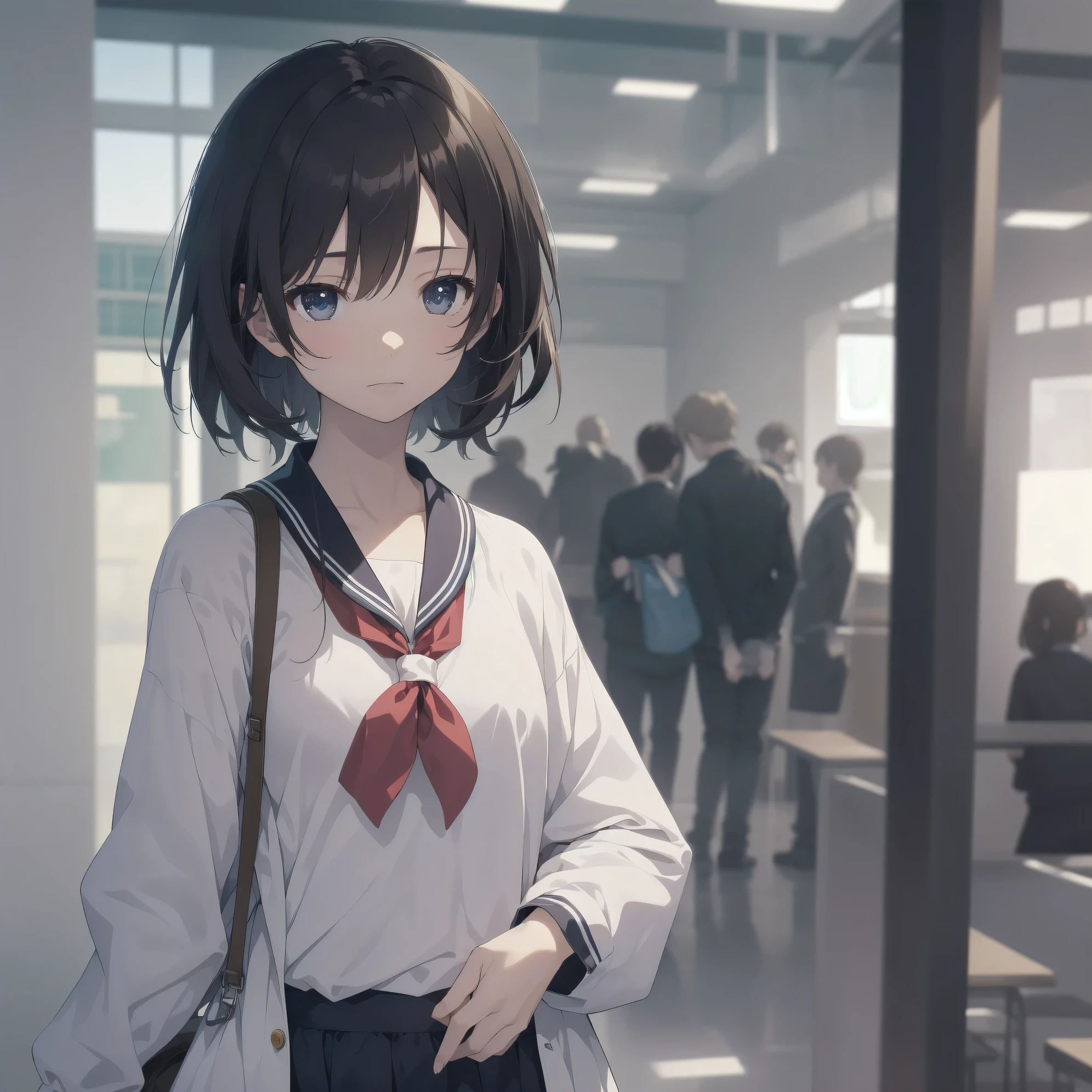 ultra-absurdres-Top quality by artist God, ultra-detailed, high resolution, anime moe artstyle, best anime 8k konachan wallpaper, pixiv contest winner, pool:2810, perfect anatomy,break, 1girl, (Please draw a girl walking sleepily to school alone. )break,(Solo,little female, 13-year-old:1.3),Full limbs, complete fingers,a junior high school student, (very short hair), short cut, flat chest, , small butt, small black eyes, beautiful detailed eyes, well-proportioned iris and pupils, expressive eyes, highres detailed hair, soft expression, salor school_uniform, sailor collar, serahuku, bow, pleated skirt,(Detailed Lighting), (Detailed background), in the School commute route. break,super detailed skin, Best cinematic lighting powered by famous artist, 8k,beauty illustration,photoshop_(medium),very aesthetic,break,((artist:tsuda_nanafushi )), artist:clamp ,artist:carnelian ,artist:kantoku ,