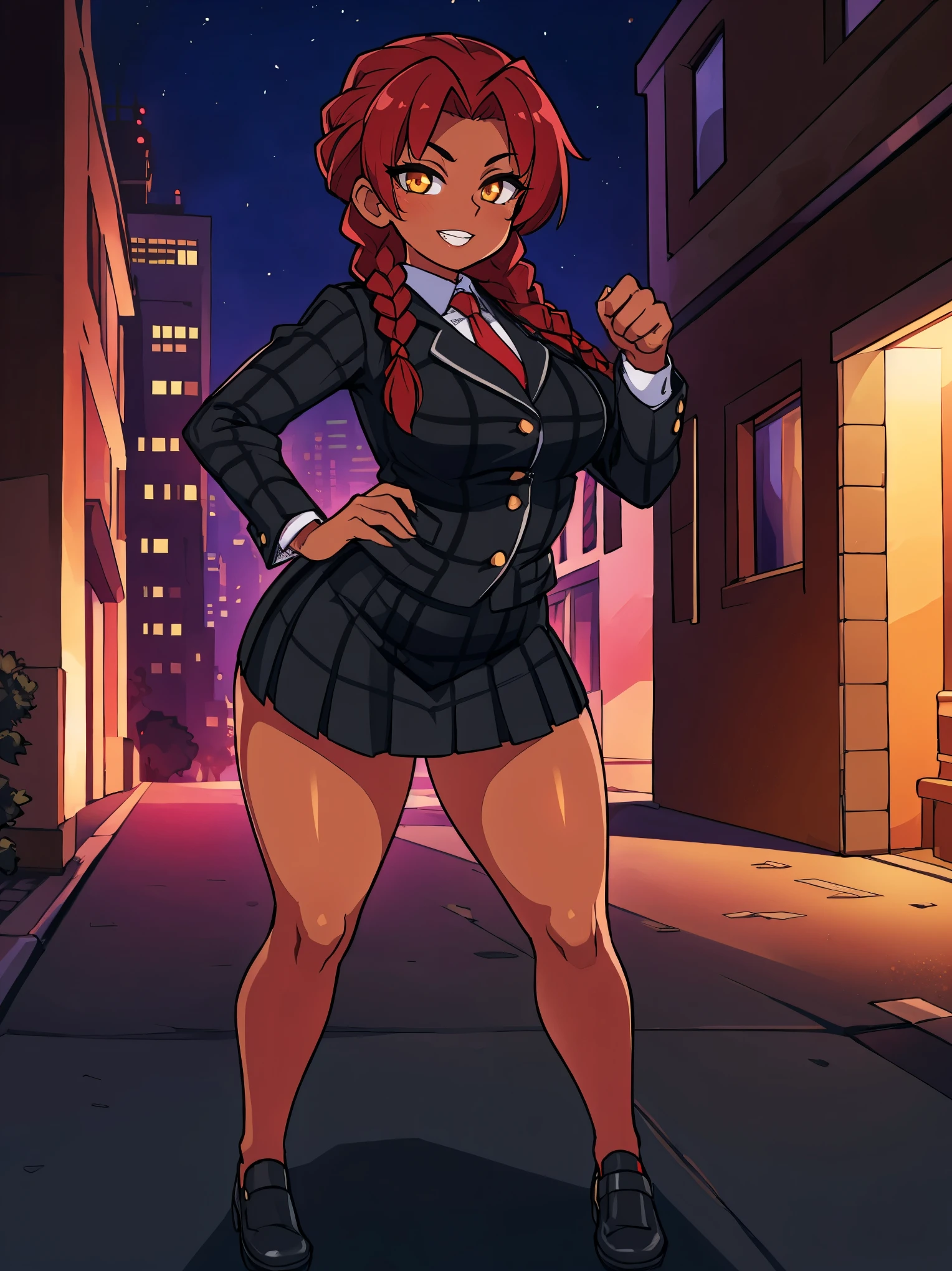 4K Quality, grinning, sexy pose, (black plaid skirt), standing up, ((black and red braids)), (dark skinned), thick thighs, big breasted, big ass, looking at viewer, amber eyes, night time, bedroom eyes, full body, city background, perfect face, perfect body, perfect eyes, full lips,