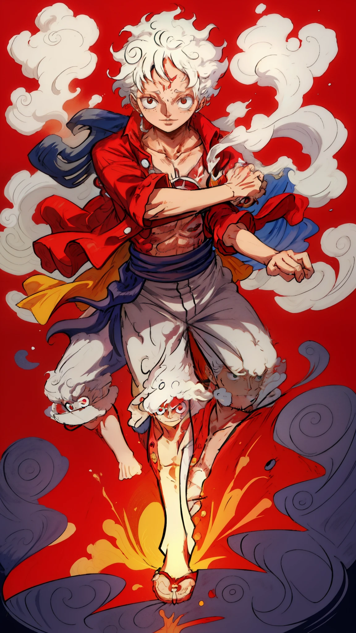 1man, solo, (masterpiece), best quality, ultra-detailed, Monkey D. Luffy from One Piece, gear fifth, white hair, red eyes, Retro style, full body. fashion cloth, jean jacket, fancy.