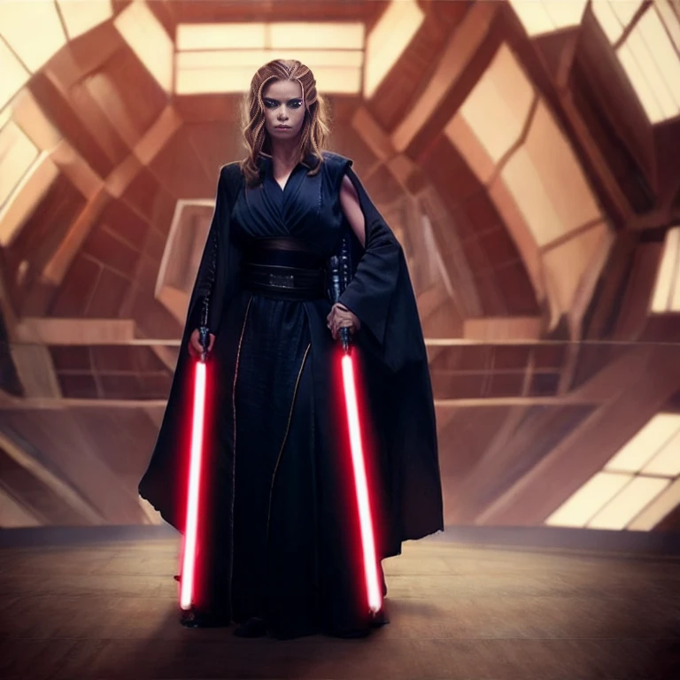 (1girl large breasts), bust upper body shot, Darth Zannah, black robes, star wars, standing, cleavage, midriff, cinematic lighting, epic, inspiring, hdr, highly detailed, cinematic composition, sthoutfit, in a death star base