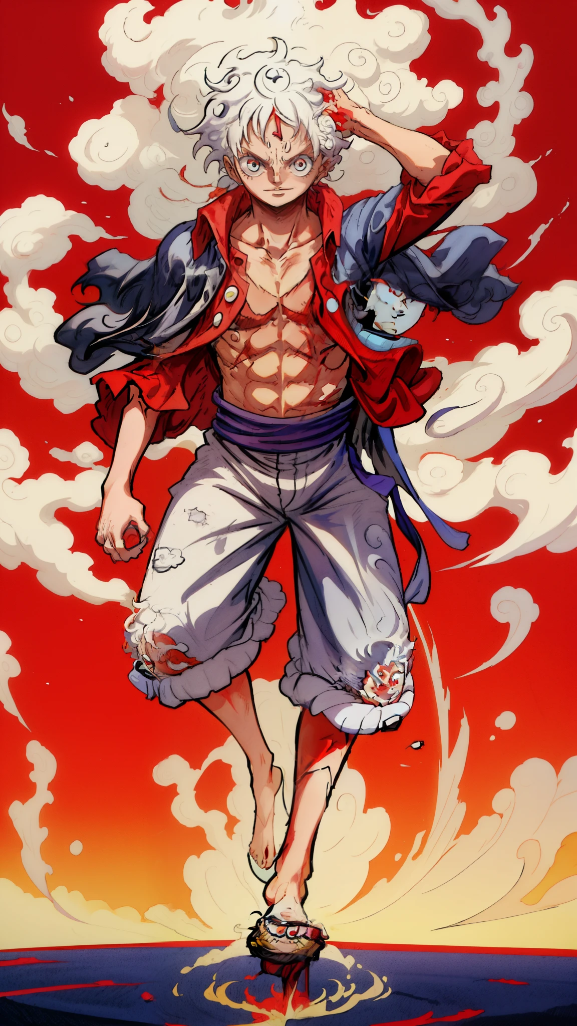 1man, solo, (masterpiece), best quality, ultra-detailed, Monkey D. Luffy from One Piece, gear fifth, white hair, red eyes, Retro style, full body. fashion cloth, jean jacket, fancy.