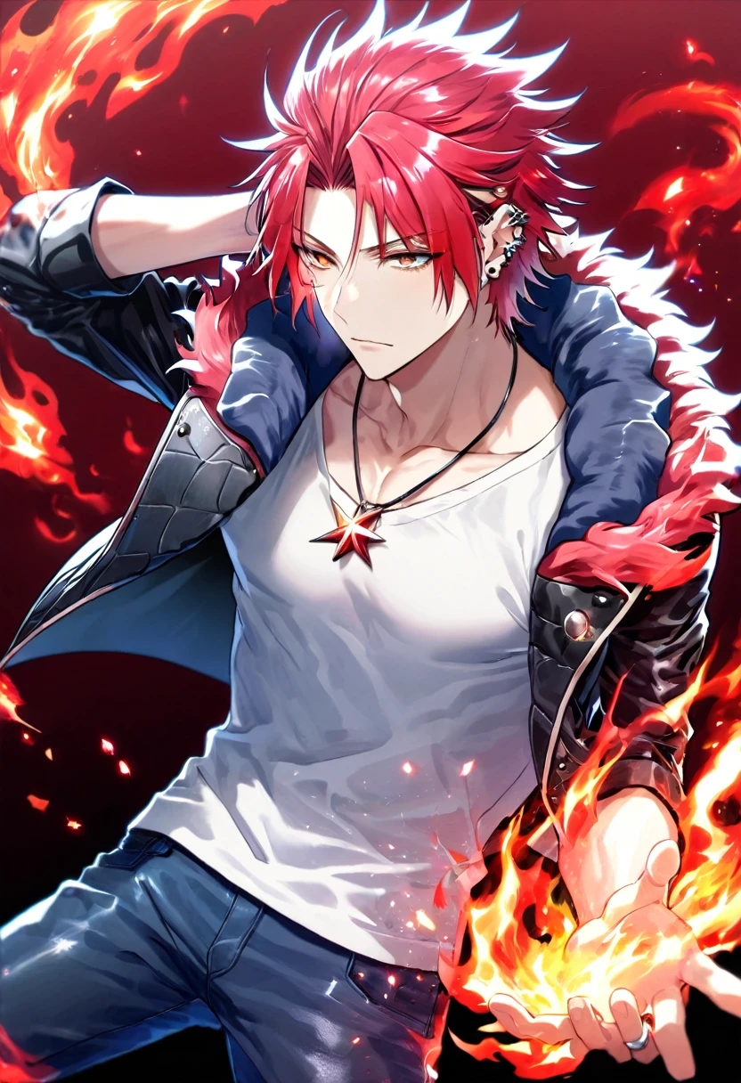 Ultra detailed, highres, absurdres, HDR, Suoh Mikoto, red hair is kept short and ruffled, hair spiked with two strands of hair near the opposite sides of his head, expressive golden eyes, K Project, black leather jacket with a fur collar, white V-neck underneath, dark blue pants, a star-shaped necklace, a piercing in his left ear, silver ring, fire, handsome, sexy man, red background, small red butterflies, flames, solo, fantasy, magic