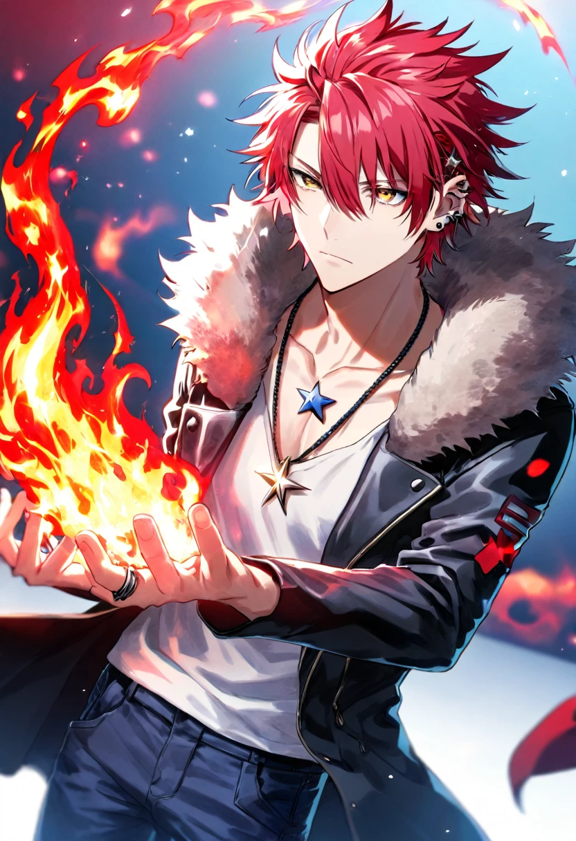 Ultra detailed, highres, absurdres, HDR, Suoh Mikoto, red hair is kept short and ruffled, hair spiked with two strands of hair near the opposite sides of his head, expressive golden eyes, K Project, black leather jacket with a fur collar, white V-neck underneath, dark blue pants, a star-shaped necklace, a piercing in his left ear, silver ring, fire, handsome, sexy man, red background, small red butterflies, flames, solo, fantasy, magic