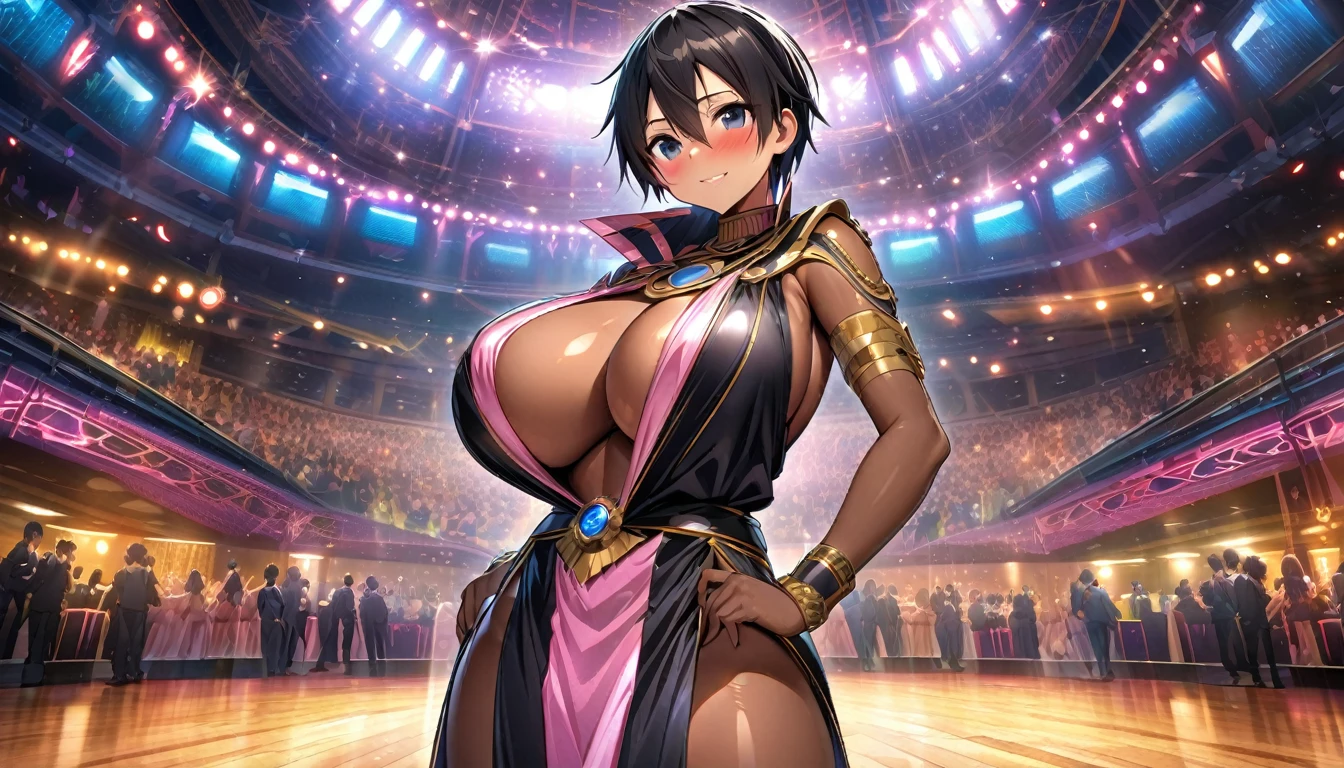 Kirito, Pink egyptian clothing, blushing smile, brown skin, long black hair, standing alone in the dance hall, Super huge big breasts breast enlargement looking into camera illustration, ultra-detailed, HDR, vibrant colrs, soft lighting official art