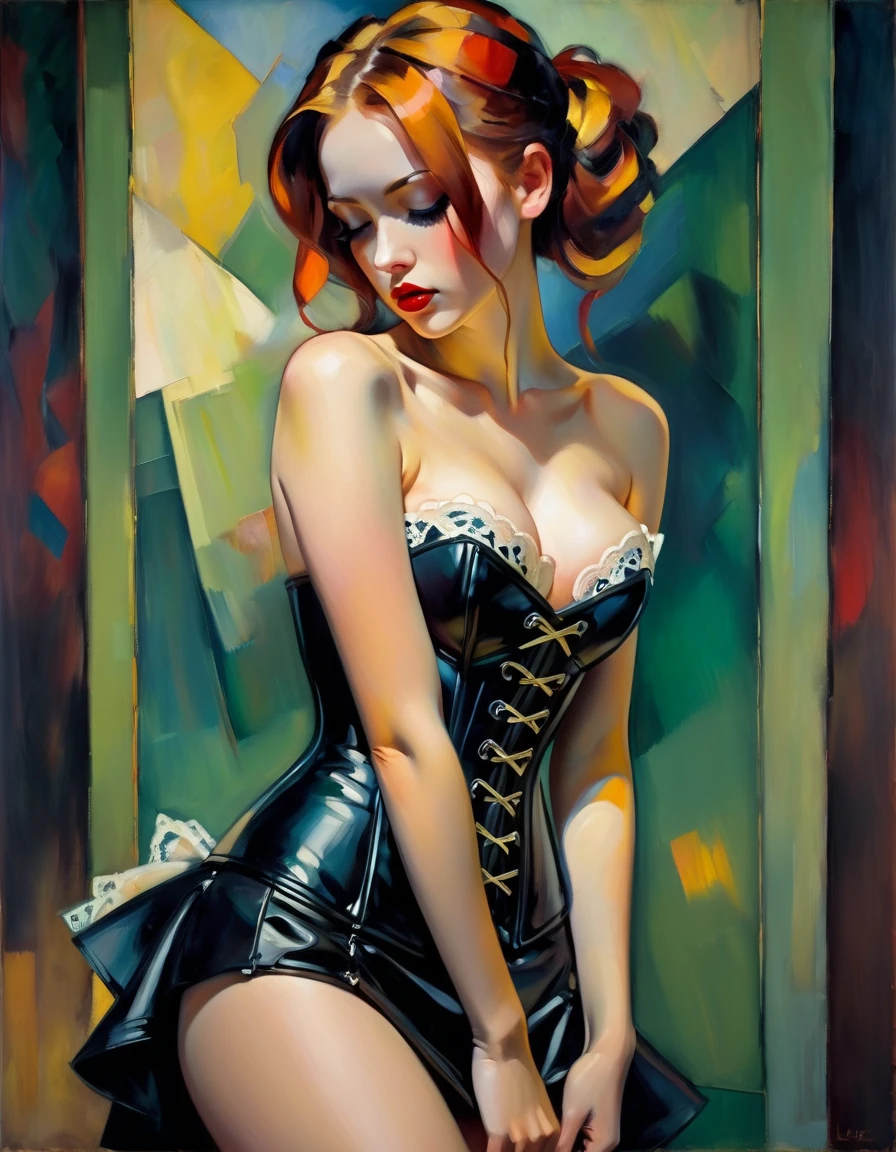 Create an evocative oil painting inspired by Malcolm Liepke, BDSM、(((black leather corset dress:1.4)))、(((The corset dress is decorated with beautiful lace.))), leopard print bikini, ((/microbikini/)), bare midriff, medium perfectly round breasts, cleavage, body, golden hour lighting, focus between legs,. Capture the intense, introspective expression of the young subject using thick, expressive brushstrokes and a muted color palette. Highlight the emotional depth and vulnerability in the subject's gaze, emphasizing the play of light and shadow on their face. Maintain a simple, textured background that complements the subject's contemplative presence. Focus on the tactile quality of the oil paint to convey the raw emotion and intimacy characteristic of Liepke's style.
