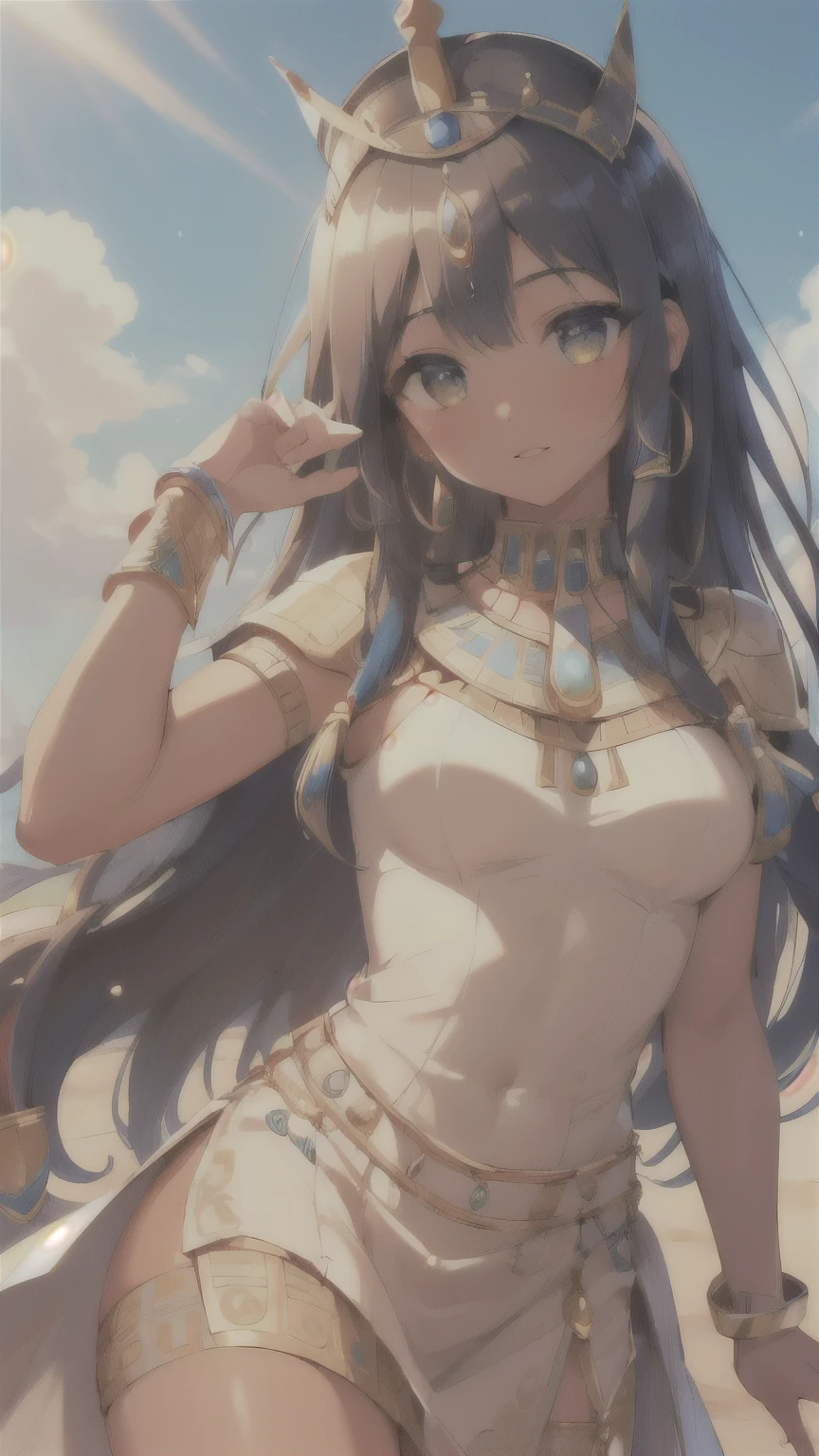 ((best quality)), ((masterpiece)), (detailed face and eyes), perfect face, accurate, textured skin, high details, highres, Cleopatra, queen of ancient Egypt, in silk dress, jewelled crown, lipstick, cowboy shot, Tanned skin, brown skin