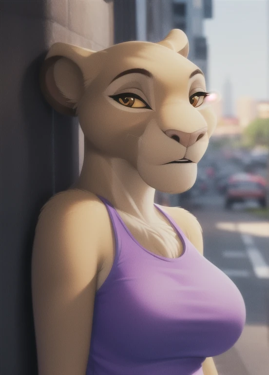 sarabi, furry female anthro, lion girl, portrait, close-up,  fur trim, solo, (body fur:1.2), (best quality), (detailed urban background:1.2), dramatic lighting, (detailed fluffy fur:1.1), looking at viewer, big breasts, purple tank top, jean shorts