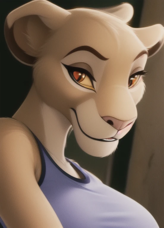 sarabi, furry female anthro, lion girl, portrait, close-up,  fur trim, solo, (body fur:1.2), (best quality), (detailed urban background:1.2), dramatic lighting, (detailed fluffy fur:1.1), looking at viewer, big breasts, purple tank top, jean shorts