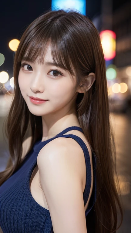 masterpiece、1 beautiful girl、Detailed eyes、Puffy eyes、highest quality, 超A high resolution, (Reality: 1.4), Cinema Lighting、Japanese、Asian Beauty、Super Beauty、Beautiful Skin、Slender、Body facing forward、(Surreal)、(High resolution)、(8k)、(Very detailed)、(Beautiful and detailed eyes)、(Ultra-detailed)、 (wall-)、Detailed face、Bright lighting、Professional Lighting、View your viewers、Look straight ahead、(The costume is a knit dress)、Long Hair, My hair is messy, Asymmetrical bangs, 、Night Scenery、Brown Hair、Japan is an idol、Korean Idol、Gravure idol pose、、21 years old、expensive, smile,