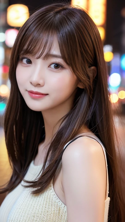 masterpiece、1 beautiful girl、Detailed eyes、Puffy eyes、highest quality, 超A high resolution, (Reality: 1.4), Cinema Lighting、Japanese、Asian Beauty、Super Beauty、Beautiful Skin、Slender、Body facing forward、(Surreal)、(High resolution)、(8k)、(Very detailed)、(Beautiful and detailed eyes)、(Ultra-detailed)、 (wall-)、Detailed face、Bright lighting、Professional Lighting、View your viewers、Look straight ahead、(The costume is a knit dress)、Long Hair, My hair is messy, Asymmetrical bangs, 、Night Scenery、Brown Hair、Japan is an idol、Korean Idol、Gravure idol pose、、21 years old、expensive, smile,