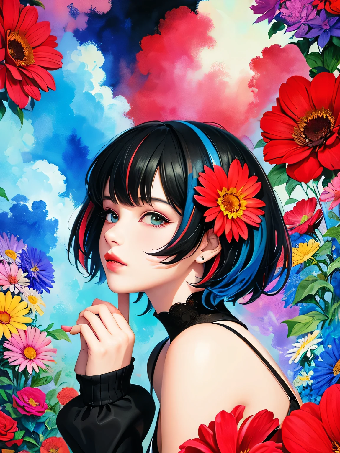 Black Star Red and White Style、(((stylish fashion))), 8K Quality、Intense watercolor, Detailed watercolor art, Watercolor splash, Surreal, avant-garde pop art, Beautiful and expressive paintings, Beautiful artwork illustration, Very colorful tones, wonderful, Cool beauty, highest quality、Official Art, Vector art, Stylish design, (((The most beautiful girl))), (((highest quality))), HDR, ((detailed)), (((Doodle Art)), ((masterpiece)), ((Super detailed)), (((Colorful flowers))),(((Stylish))),