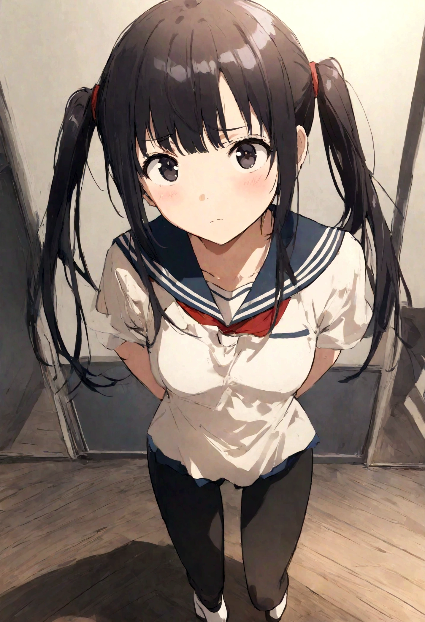 Anime Style、Anime works、Not like AI、I don't understand that it's AI、Adorable、Young face、Black Hair、Twin tails、high school student、Short、Small 、Black Eye、Cute Sailor Suit、Kyoto Animation Style、1 person、School、classroom、